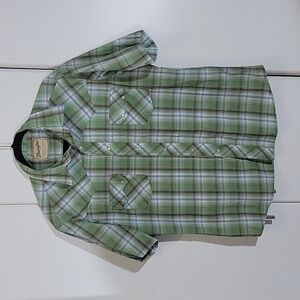 Wrangler Western Pearl Snap Shirt Short Sleeve Green Plaid Button Up Size L